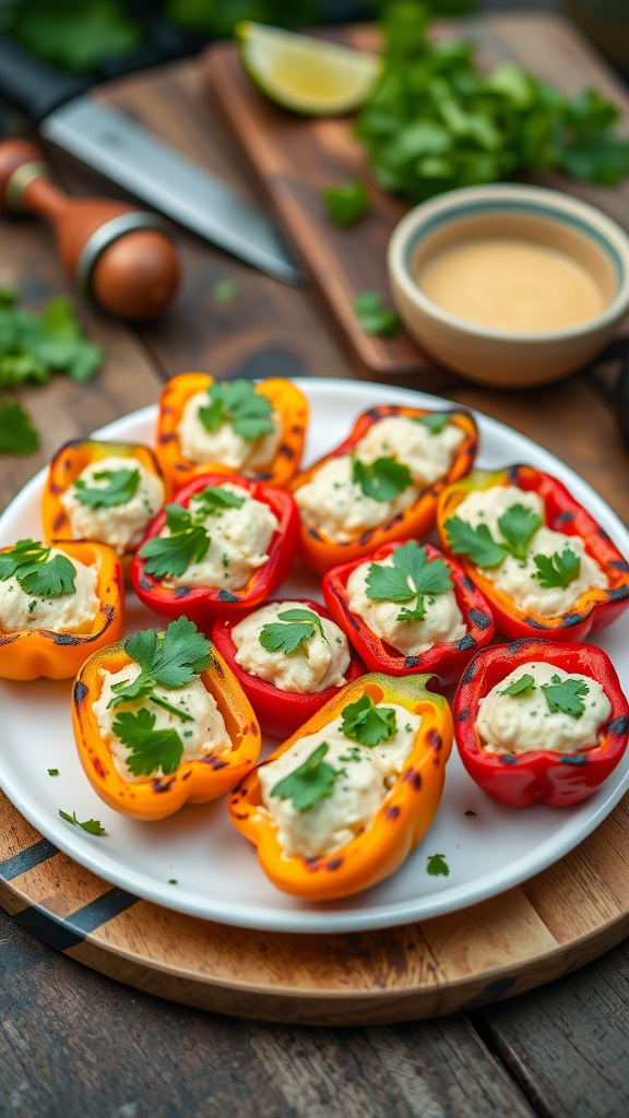 Grilled stuffed mini peppers on a plate, filled with cheese, garnished with parsley, on a wooden table.
